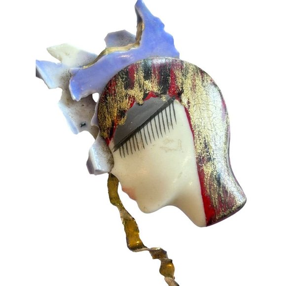 Vintage 80s Handpainted Signed Porcelain Brooch Pin 20s Flapper Inspired 3 1/4" - Picture 4 of 6